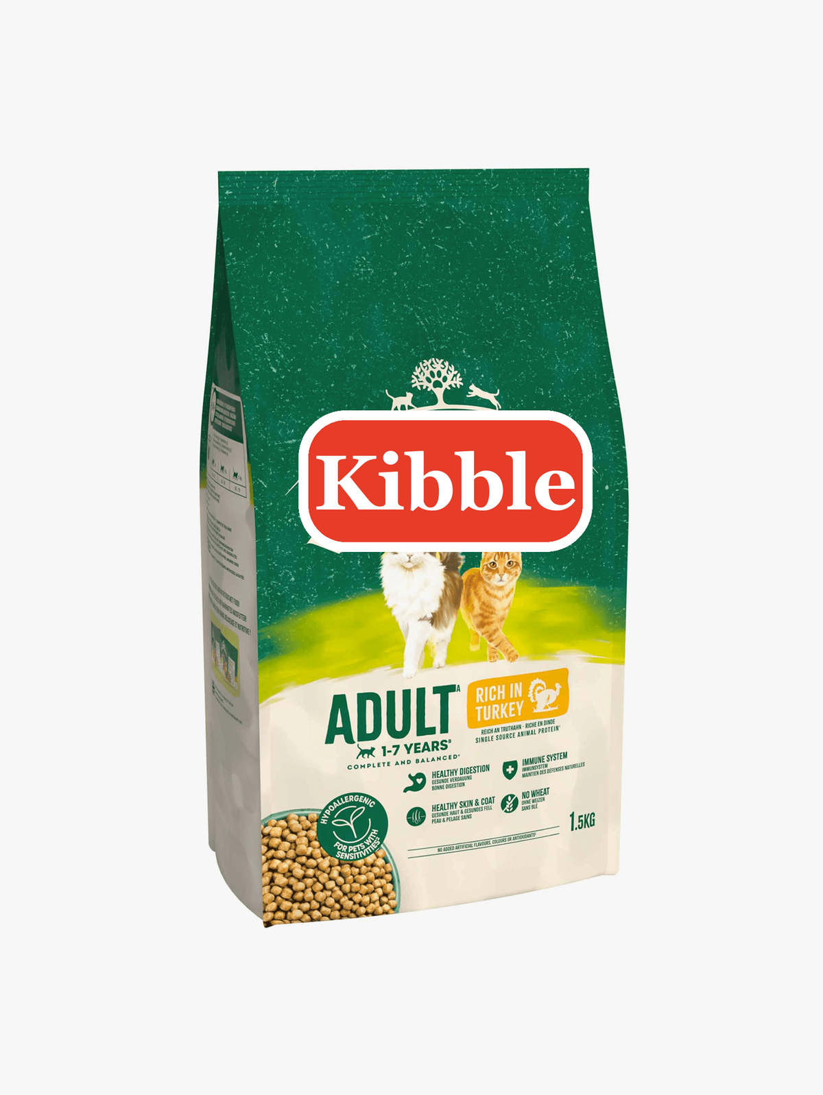 Kibble adult cat food angled